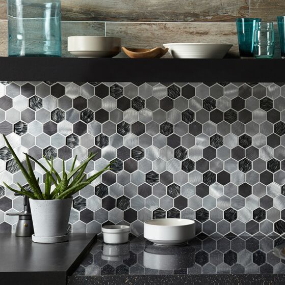 Colby Black Mix Glass & Metal Hexagon Mosaic Wall Tile 30x30cm