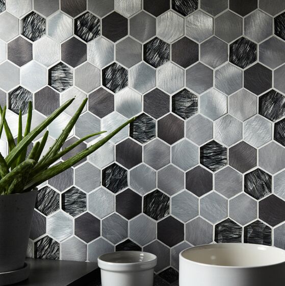 Colby Black Mix Glass & Metal Hexagon Mosaic Wall Tile 30x30cm