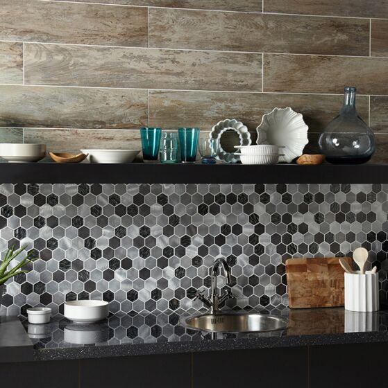 Colby Black Mix Glass & Metal Hexagon Mosaic Wall Tile 30x30cm