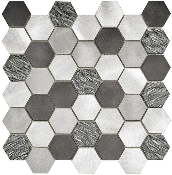 Colby Black Mix Glass & Metal Hexagon Mosaic Wall Tile 30x30cm