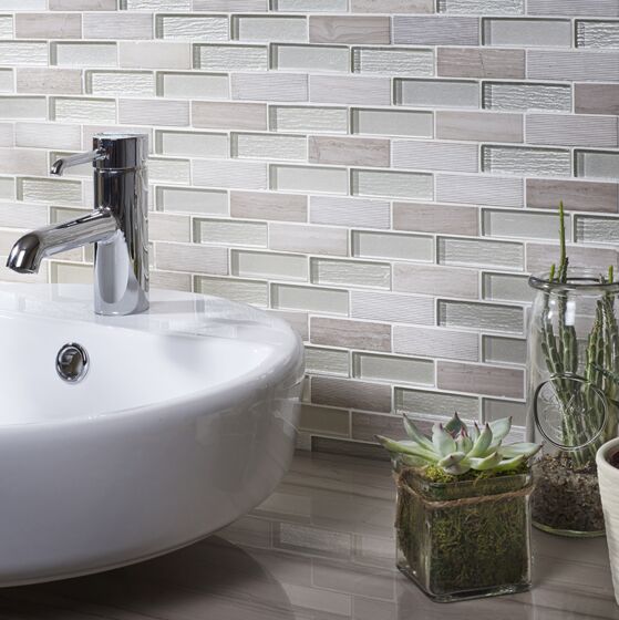 Bailey Grey/White Glass & Stone Mix Brick Mosaic Wall Tile 30x30cm