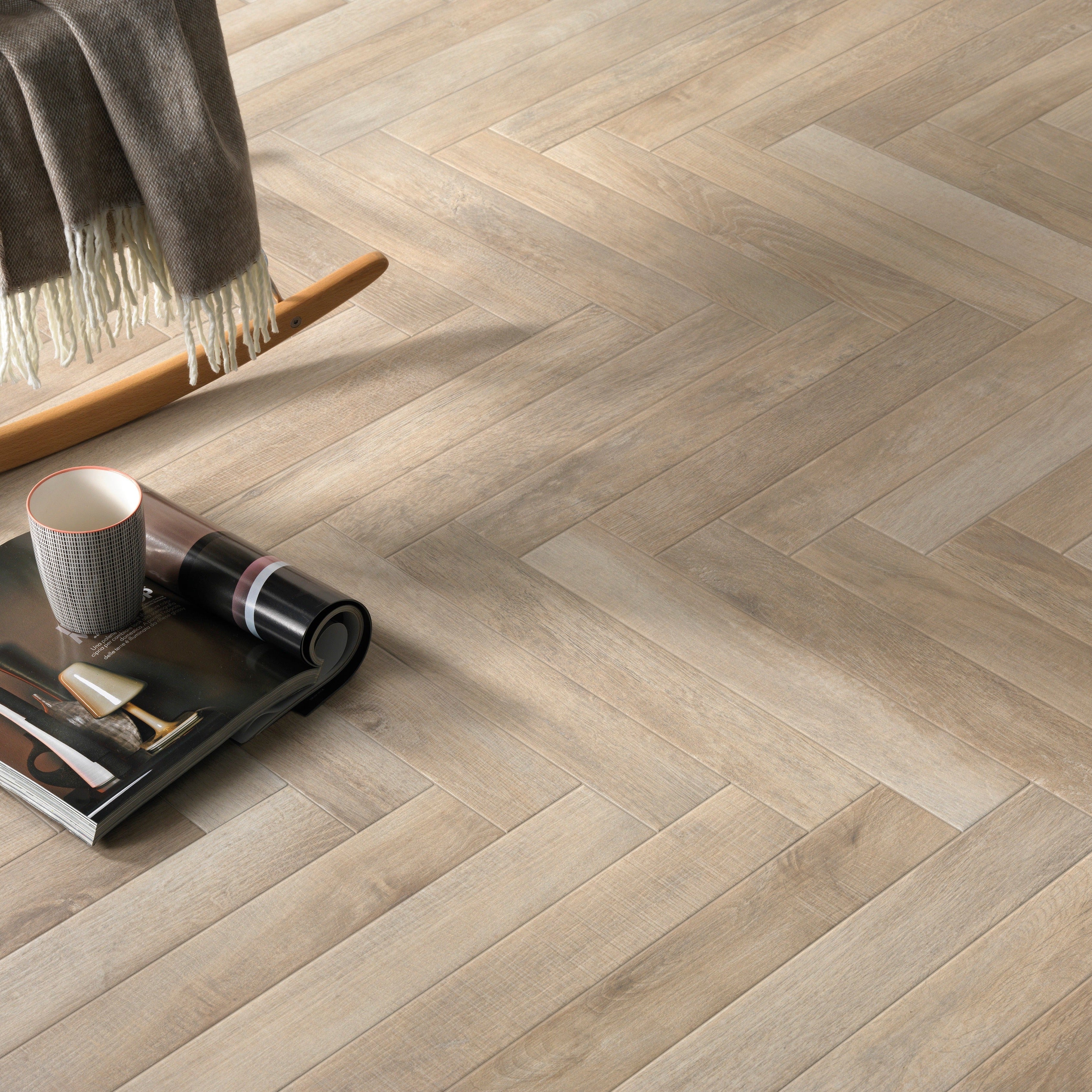 Rondine Greenwood Beige Herringbone Wood Effect Porcelain Tile 7.5x45cm