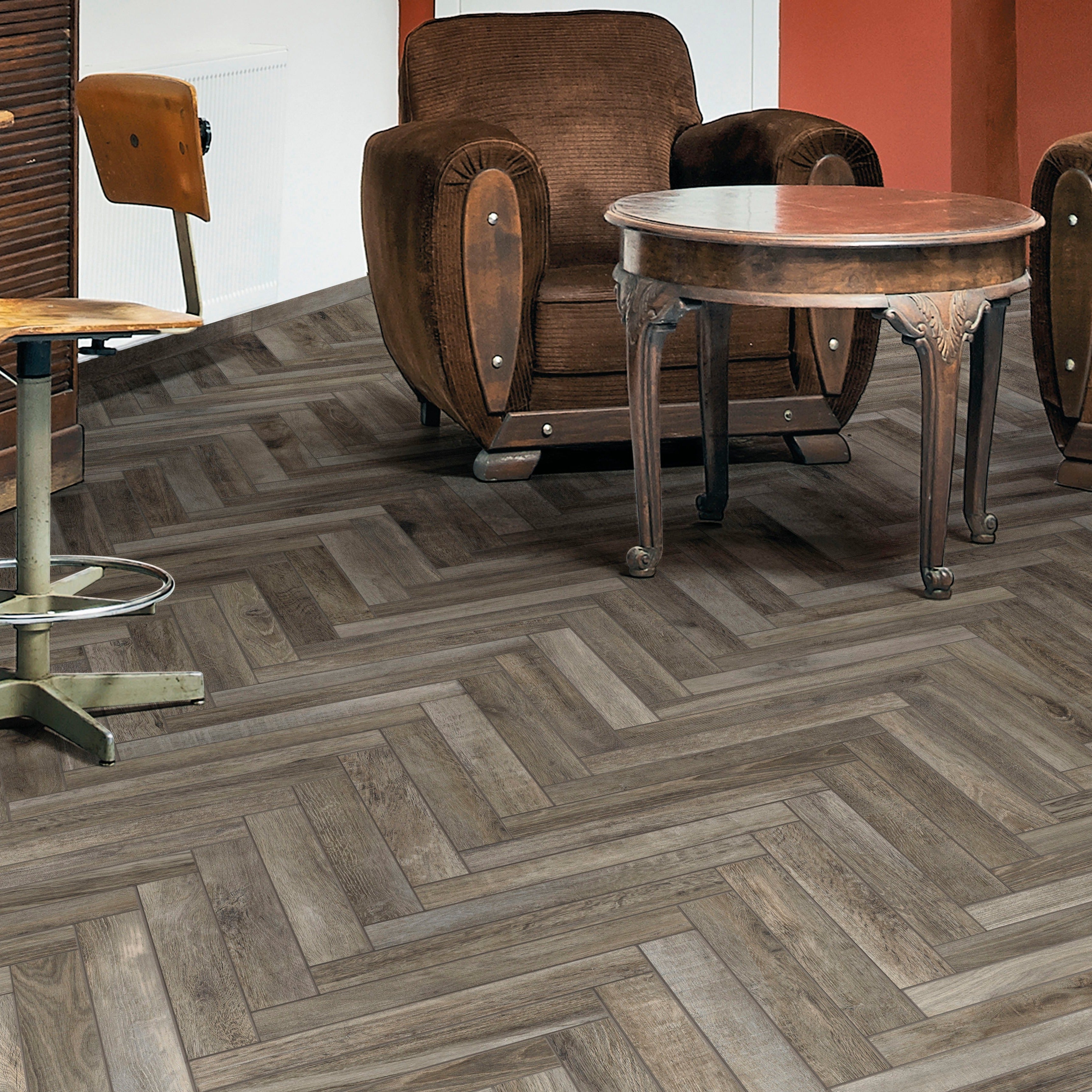 Rondine Greenwood Greige Herringbone Wood Effect Porcelain Tile 7.5x45cm
