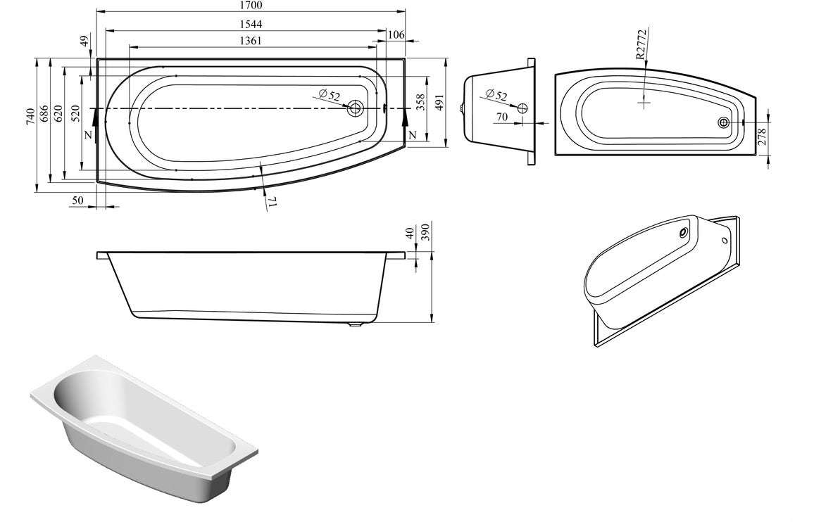 Kismet Space Saving Shower Bath 1700x740mm-Baths-DIBRP0064-