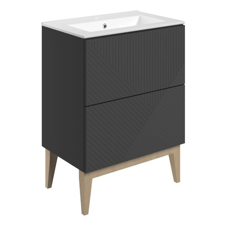 Lines 615mm Floor Standing 2 Drawer Basin Unit & Basin-Bathroom Furniture-Matt Graphite Grey-