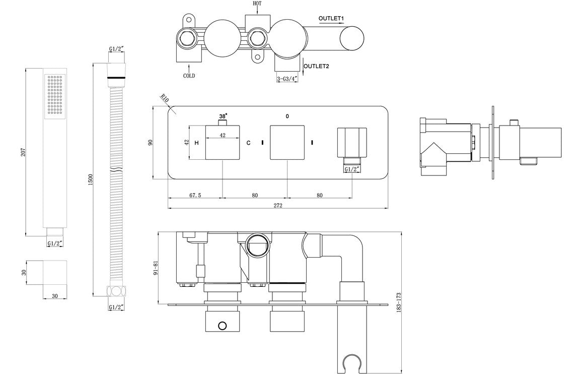 Lyra Thermostatic Two Outlet Shower Valve with Handset-Shower Rail Kits-DICM0610-