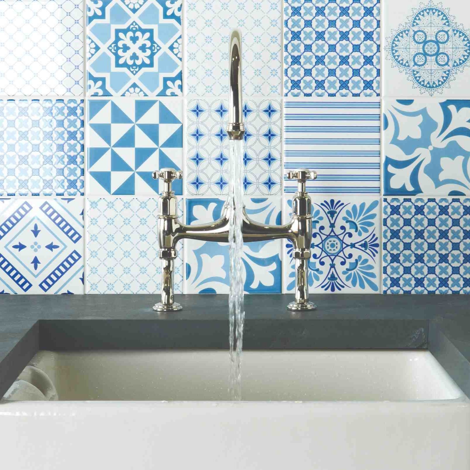 Original Style Odyssey Blue Tapestry Set-12 on Brilliant White Tile 30x90cm-
