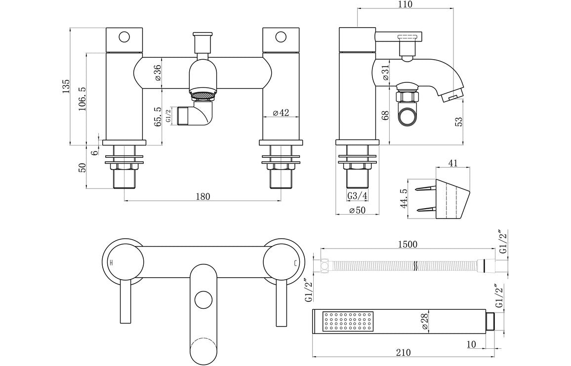 Pescara Bath/Shower Mixer & Bracket - Chrome-Bath Taps-DITB2260-