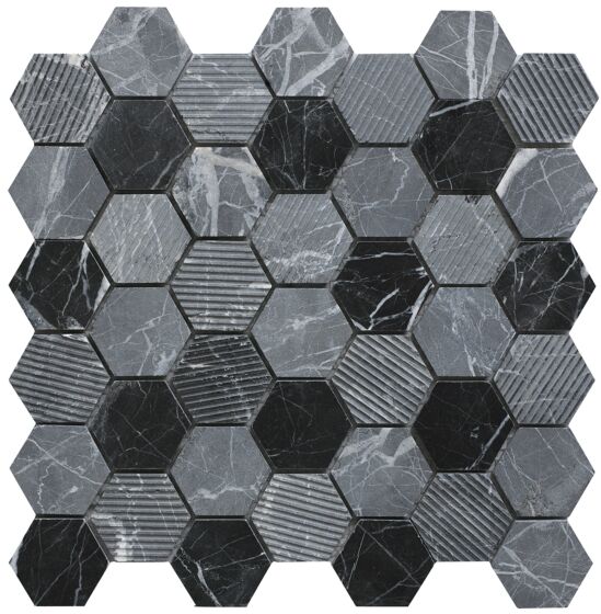 Midnight Stone Hexagon Mixed Finish Marble Mosaic Wall and Floor Tile 30x30cm