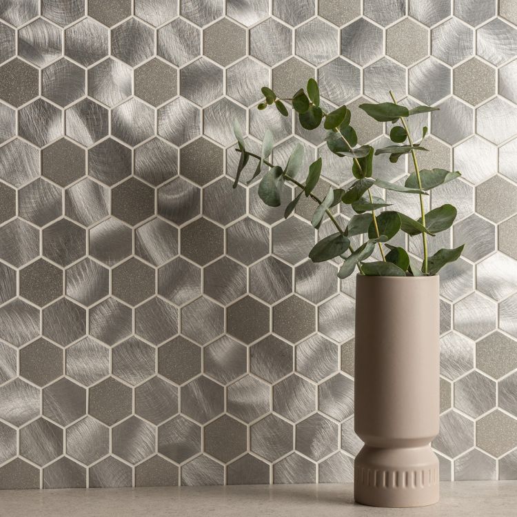 Original Style Mosaics Fenrir Silver Mixed Finish Hexagon Mosaic Tile 30x30cm