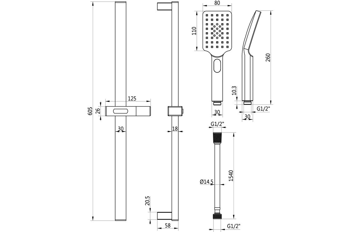 Square Push Button Shower Riser Kit-Shower Rail Kits-DICM0622-