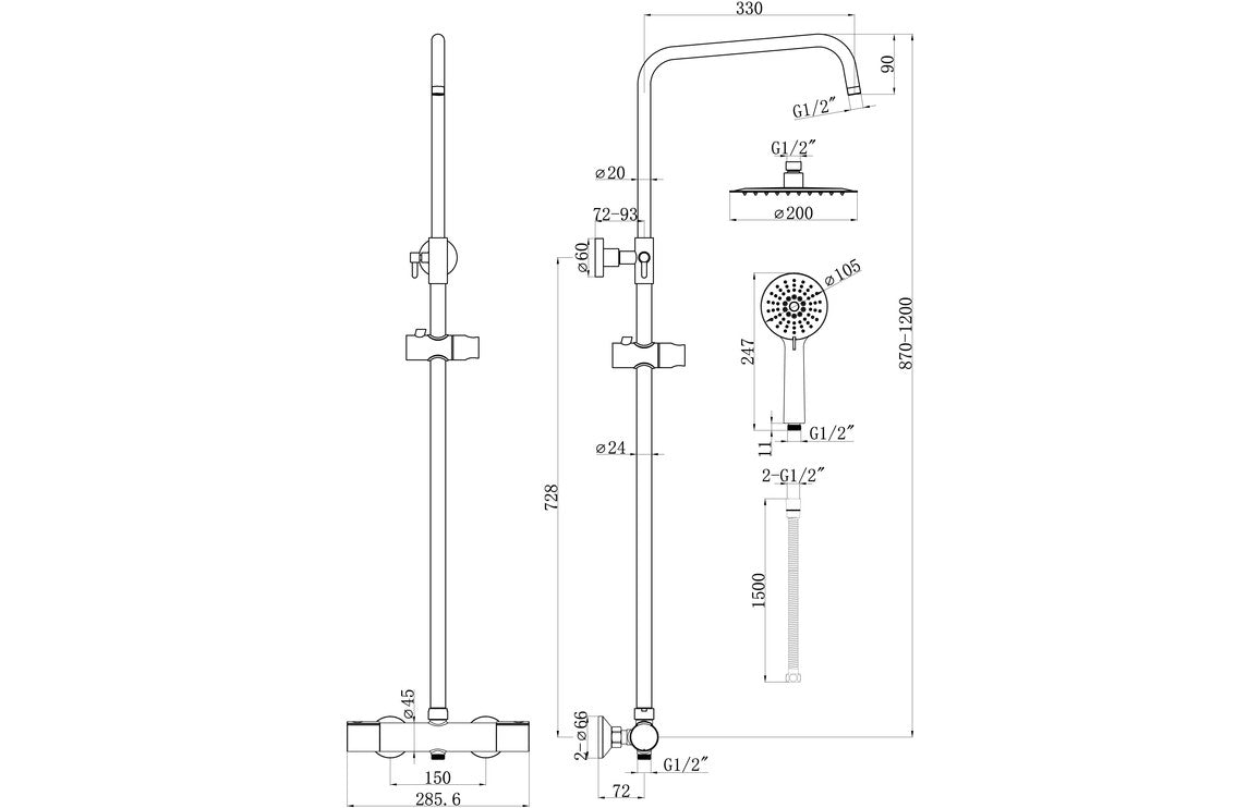 Tetra Cool-Touch Thermostatic Mixer Shower w/Riser & Overhead Kit-Shower Rail Kits-DICM0582-