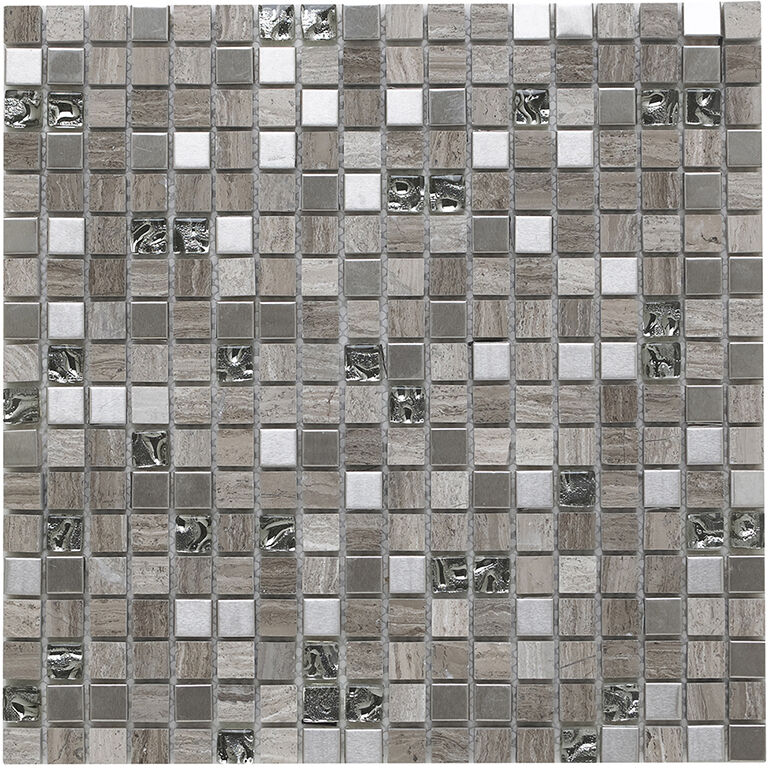 Verona Cedar Grey Glass/Stone/Metal Mix Mosaic 15x15mm