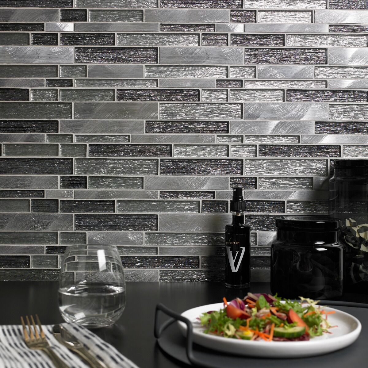 Verona Ashby Grey Glass & Metal Mix Offset Linear Mosaic