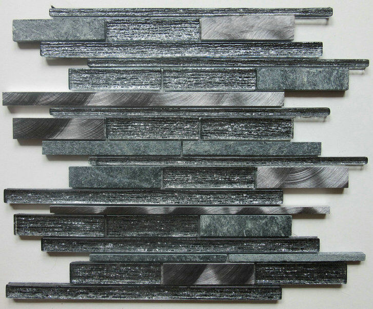 Verona Kenton Grey Glass/Stone/Metal Mix Offset Linear Mosaic
