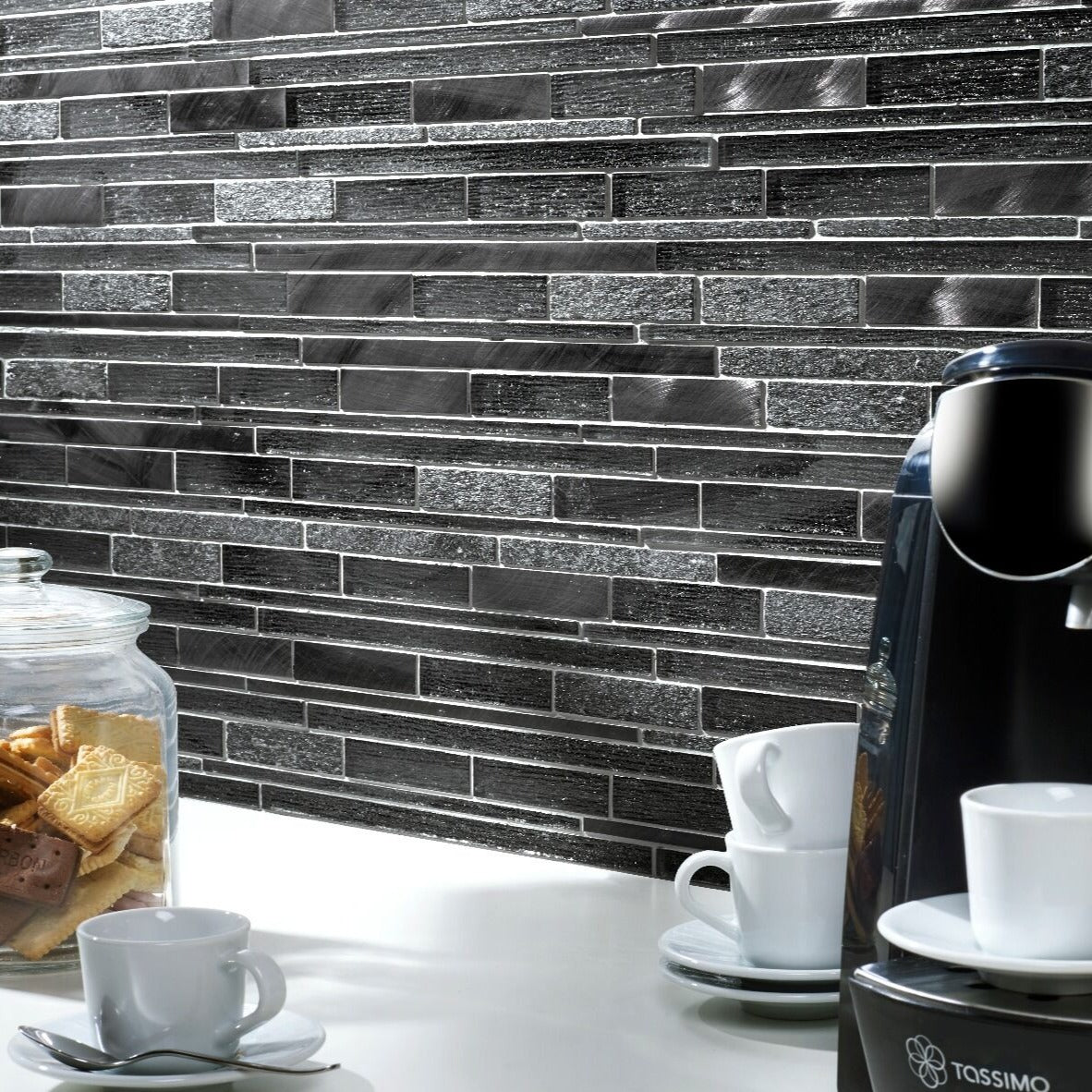 Kenton Grey Glass/Stone/Metal Mix Offset Linear Mosaic