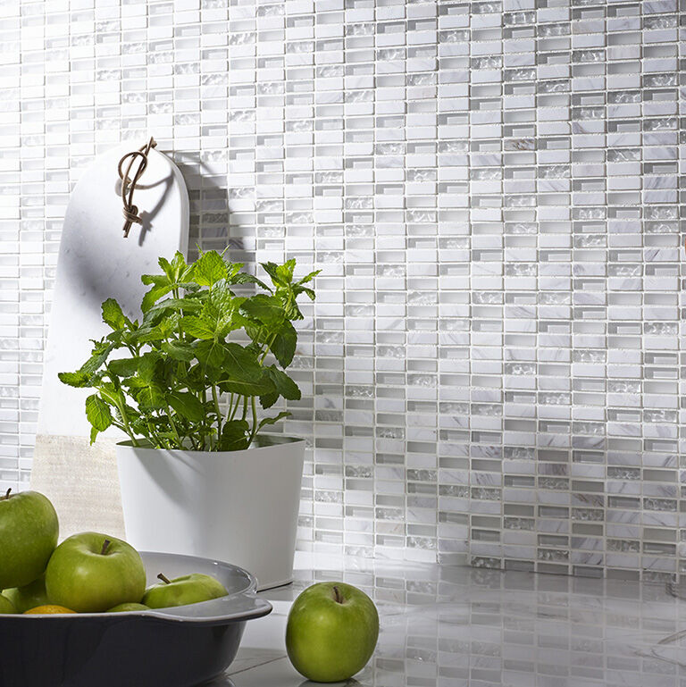 Verona Santon White Glass & Stone Mix Linear Mosaic 10x30mm