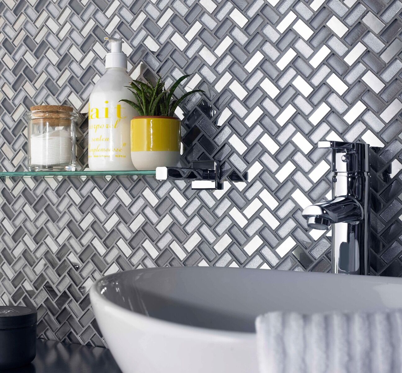 Dusk Grey Herringbone Glass & Mirror Mosaic 15x30mm