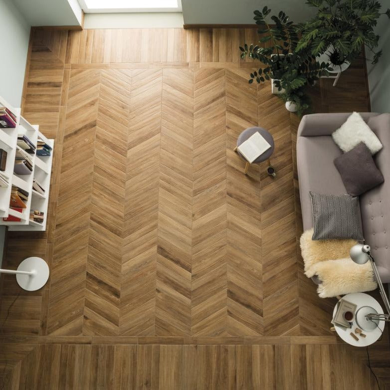 Rondine Vintage Chevron Dore Wood Effect Tile 7.5x40.7cm
