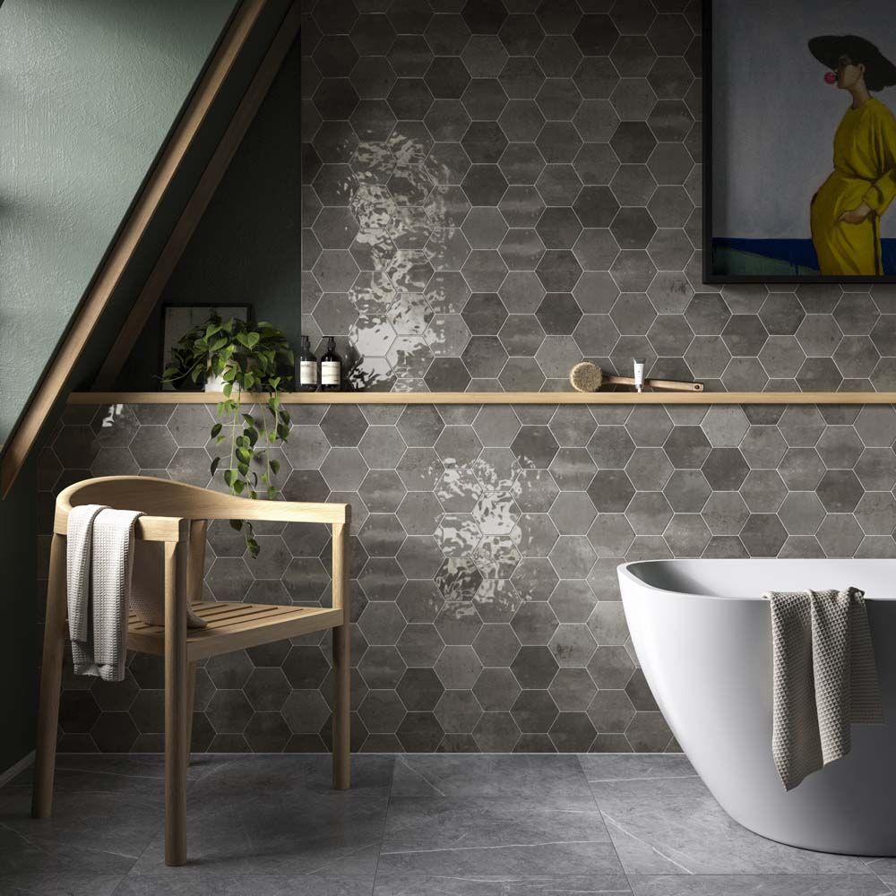 Hope Ash Hexagon Gloss Ceramic Wall Tiles 15x17.3cm-Verona-P12067
