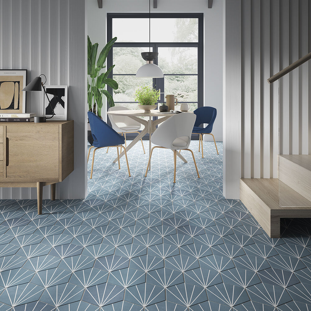 Sunburst Sea Blue Matt Hexagon Glazed Porcelain Wall and Floor Tile 23.2x26.7cm