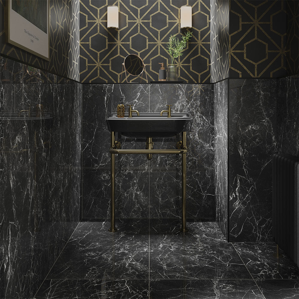 Radon Black Polished Marble Effect Porcelain Wall and Floor Tile 60x120cm