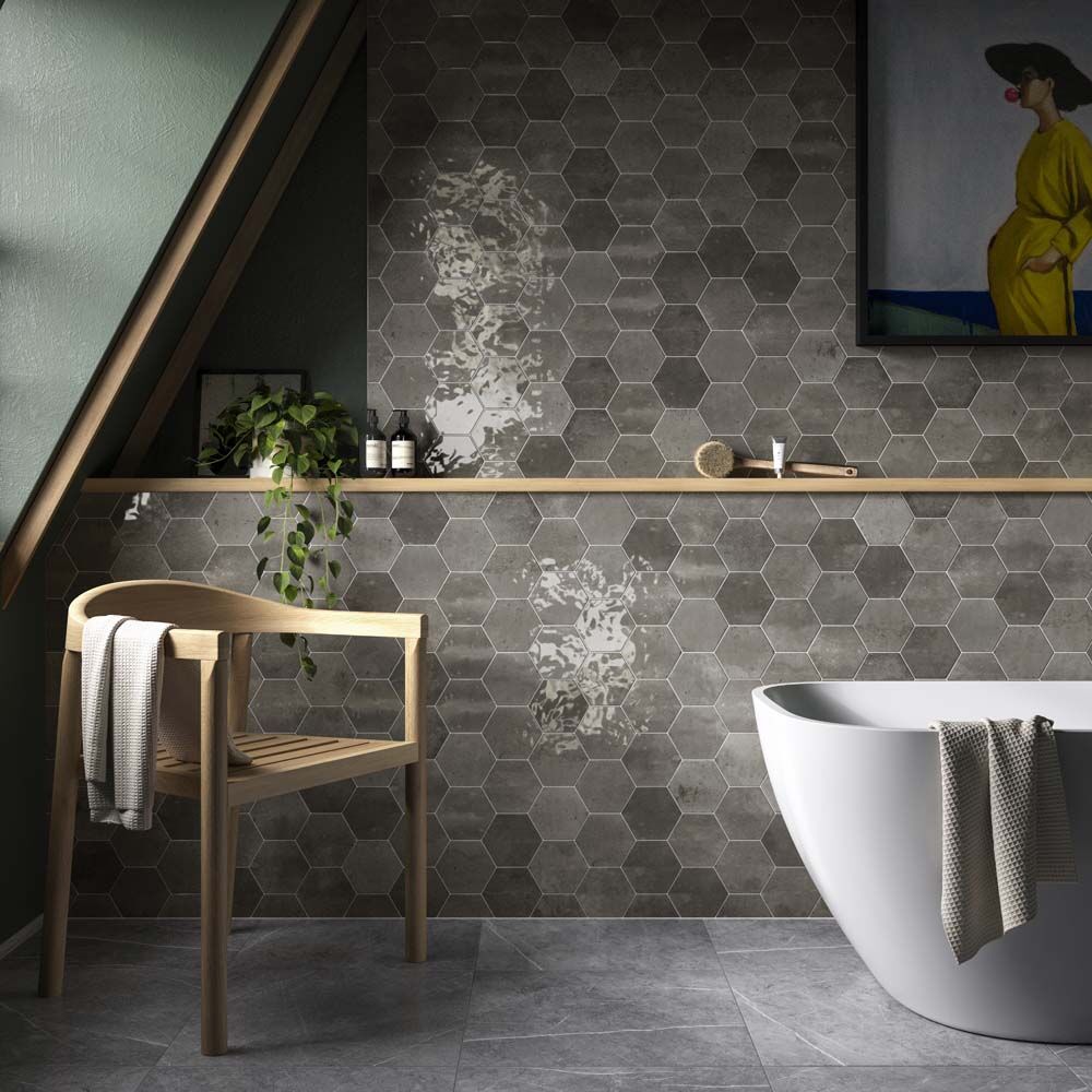 Hope Ash Hexagon Gloss Ceramic Wall Tiles 15x17.3cm