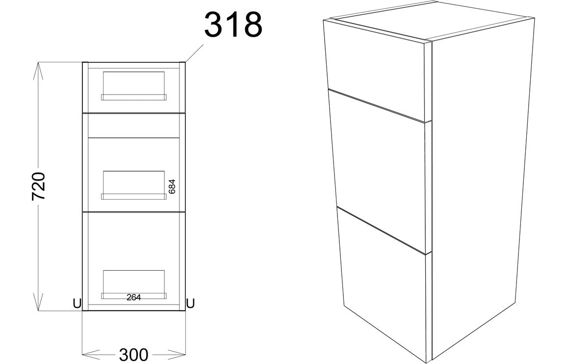 Chablis 300mm 3 Drawer Unit - White Gloss