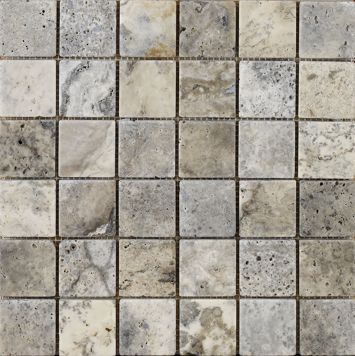 Anatolian Grey Tumbled Travertine Mosaic 48x48mm-Verona-S20004