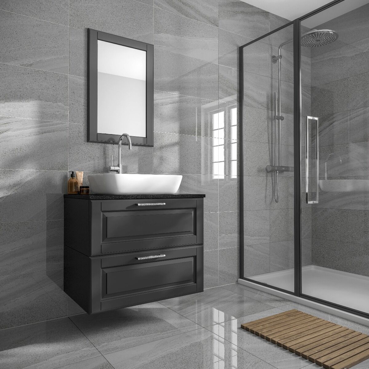 Anderley Dark Grey Polished Glazed Porcelain Wall & Floor Tile 60x60cm-Verona-P10965