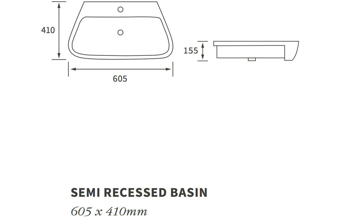 Amber 605x410mm 1TH Semi Recessed Basin