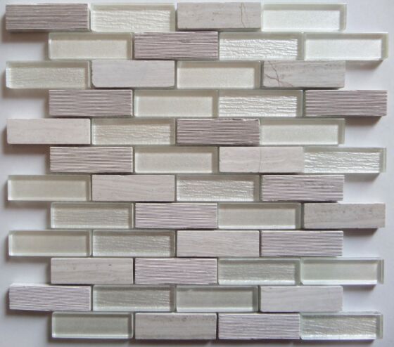 Bailey Grey/White Glass & Stone Mix Brick Mosaic Wall Tile 30x30cm-Verona-G30232