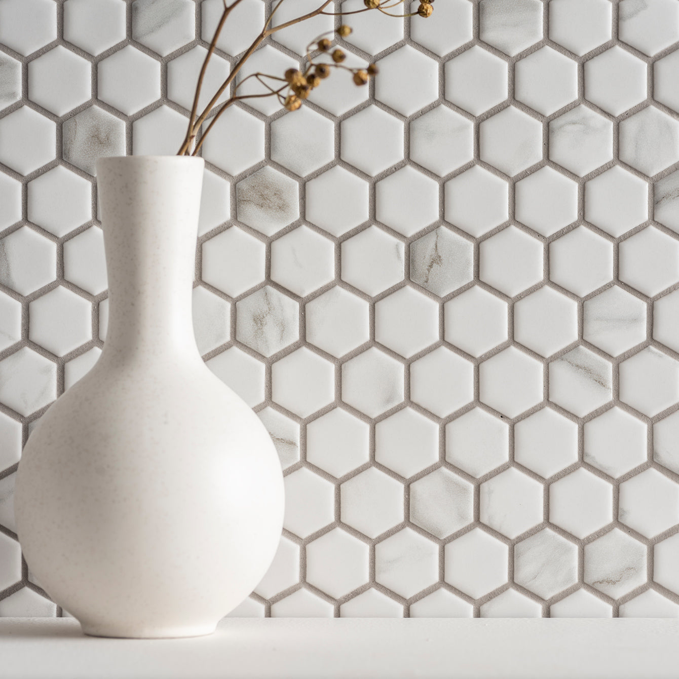 Carrara Marble Effect Matt White Hexagonal Mosaic Floor & Wall Tile 30x26cm