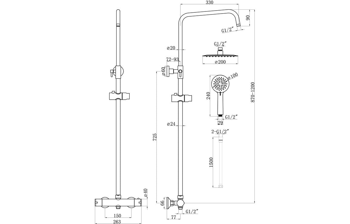 Round Thermostatic Bar Mixer w/Riser Kit - Matt Black
