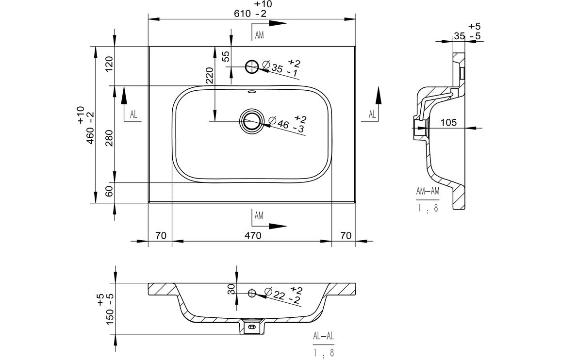 Mews 610mm Wall Hung 2 Drawer Basin Unit & Basin - Anthracite Gloss