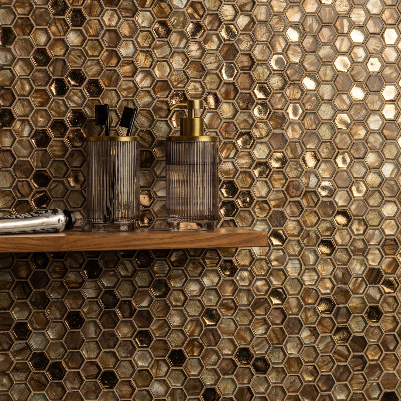 Dispur Hexagon Taupe Glass Mosaic Wall Tile 29x28cm