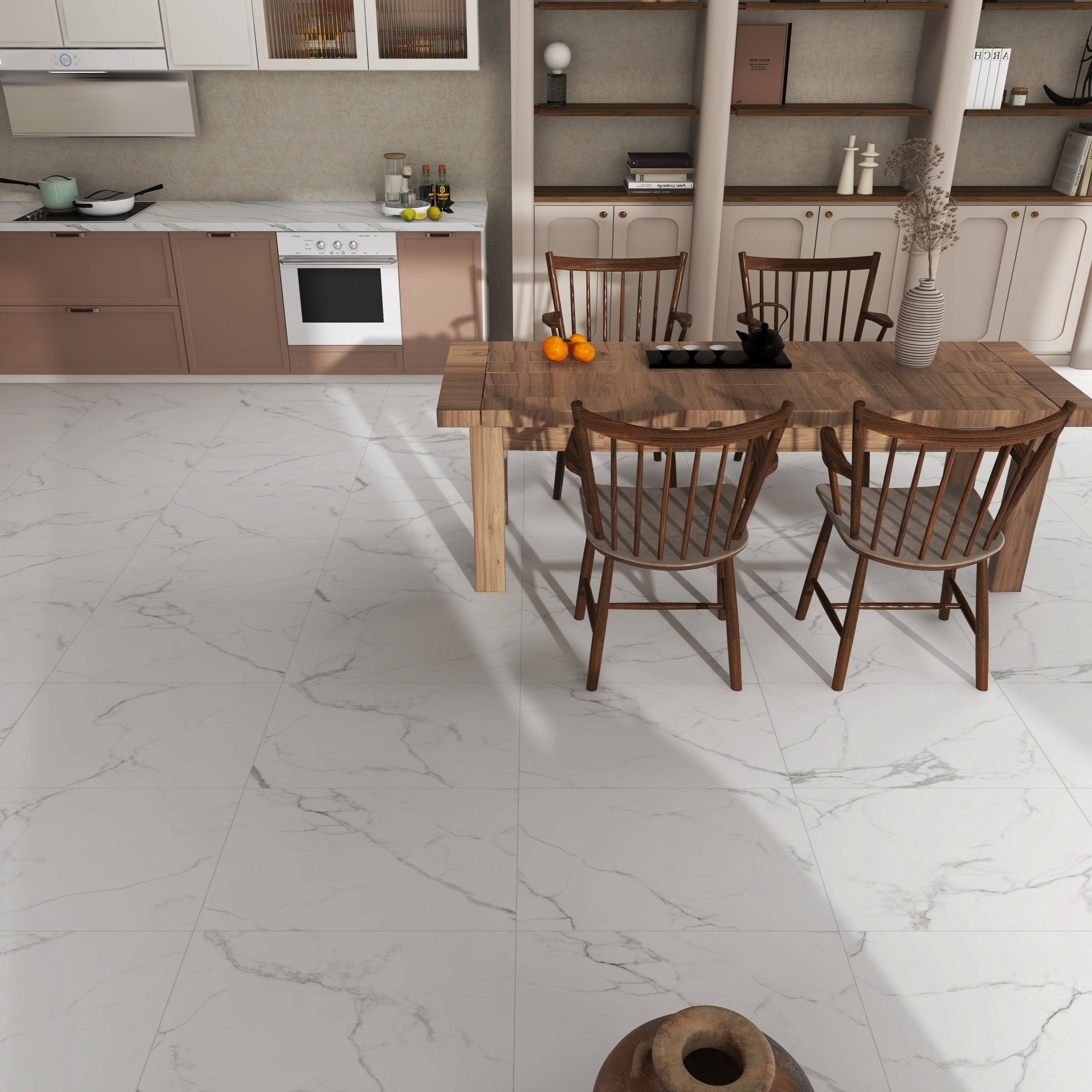 Kitchen with wooden dining table and chairs on a marble floor
