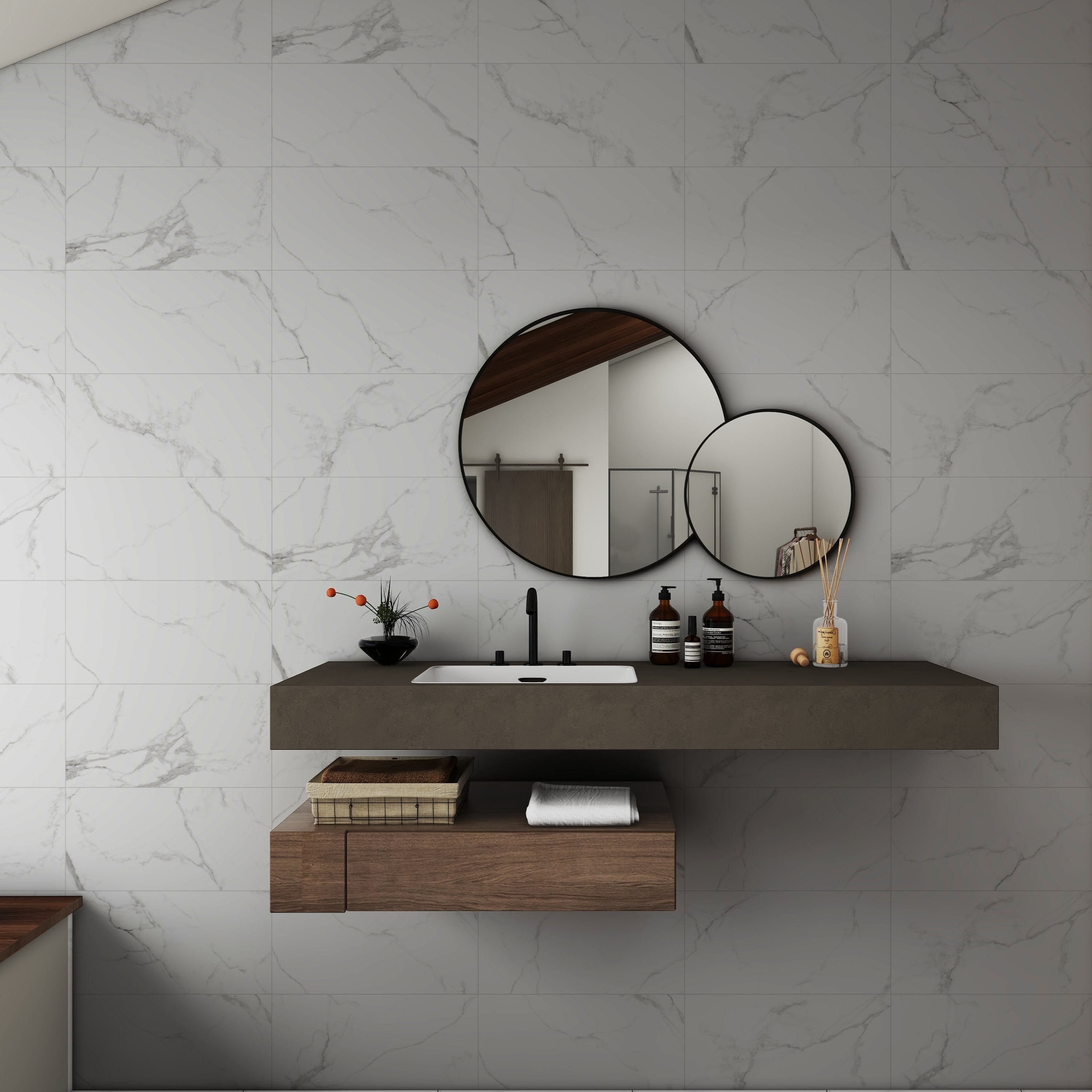 Bathroom vanity with round mirror and marble wall