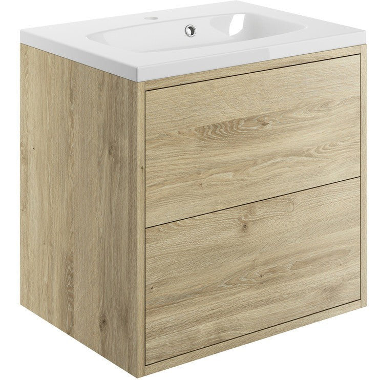 Tinto 600mm 2 Drawer Wall Hung Basin Unit Inc. Basin - Havana Oak