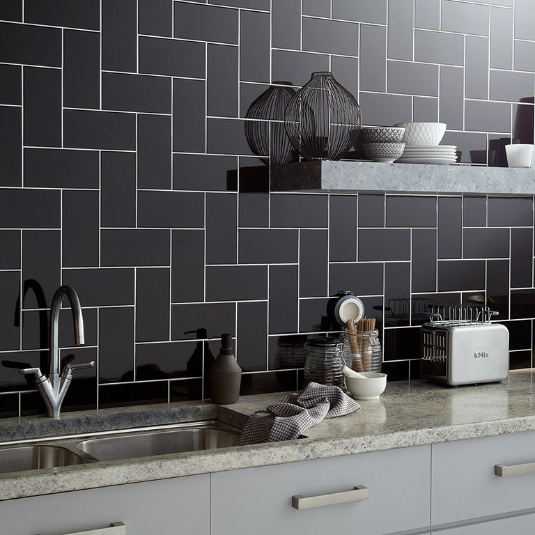 Flat Gloss Black Ceramic Wall Tile 10x20cm