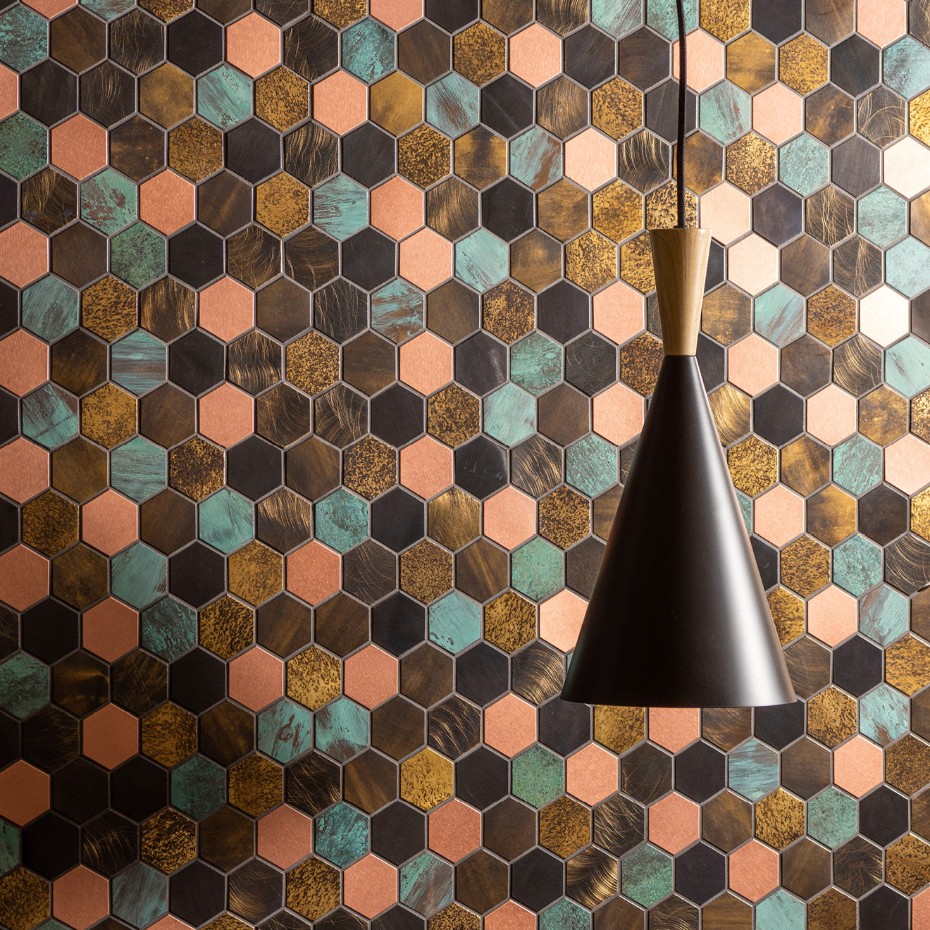 Flidor Metallic Mixed Colour & Copper Hexagon Mosaic Wall Tile 30x30cm