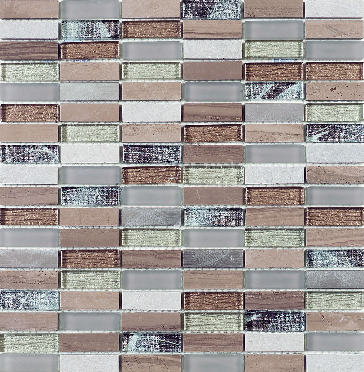 Heydon Beige Mix Stone/Glass & Metal Linear Mosaic15x48mm-Verona-G30210