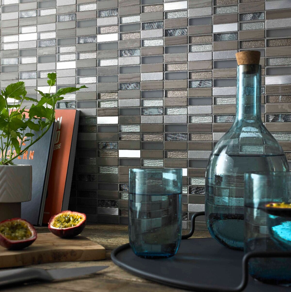 Heydon Beige Mix Stone/Glass & Metal Linear Mosaic15x48mm-Verona-G30210