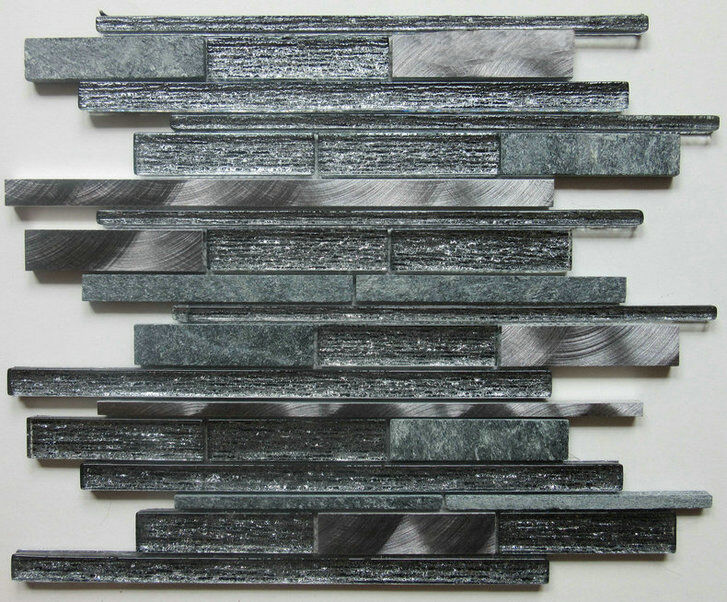 Kenton Grey Glass/Stone/Metal Mix Offset Linear Mosaic-Verona-G30225
