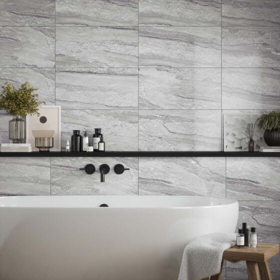 Laurent Grey Gloss Ceramic Marble Effect Tile 30x60cm-Verona-P12880