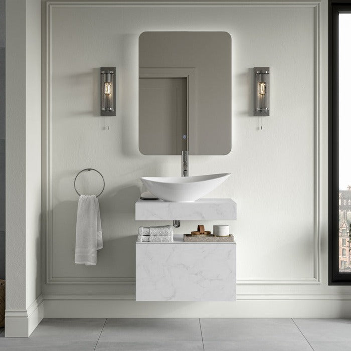 Earth 600mm Wall Hung White Marble Basin Shelf & Brushed Brass Bottle Trap