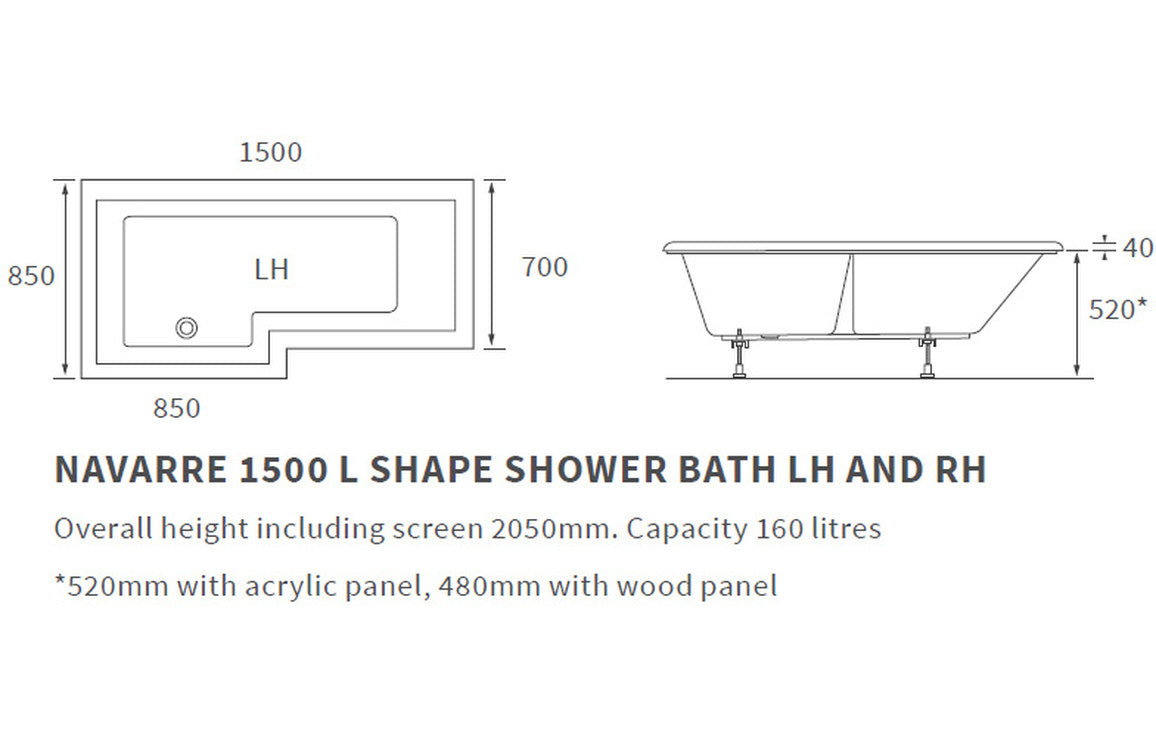 Llandegfedd L Shape 1500x850x560mm 0TH Shower Bath Pack