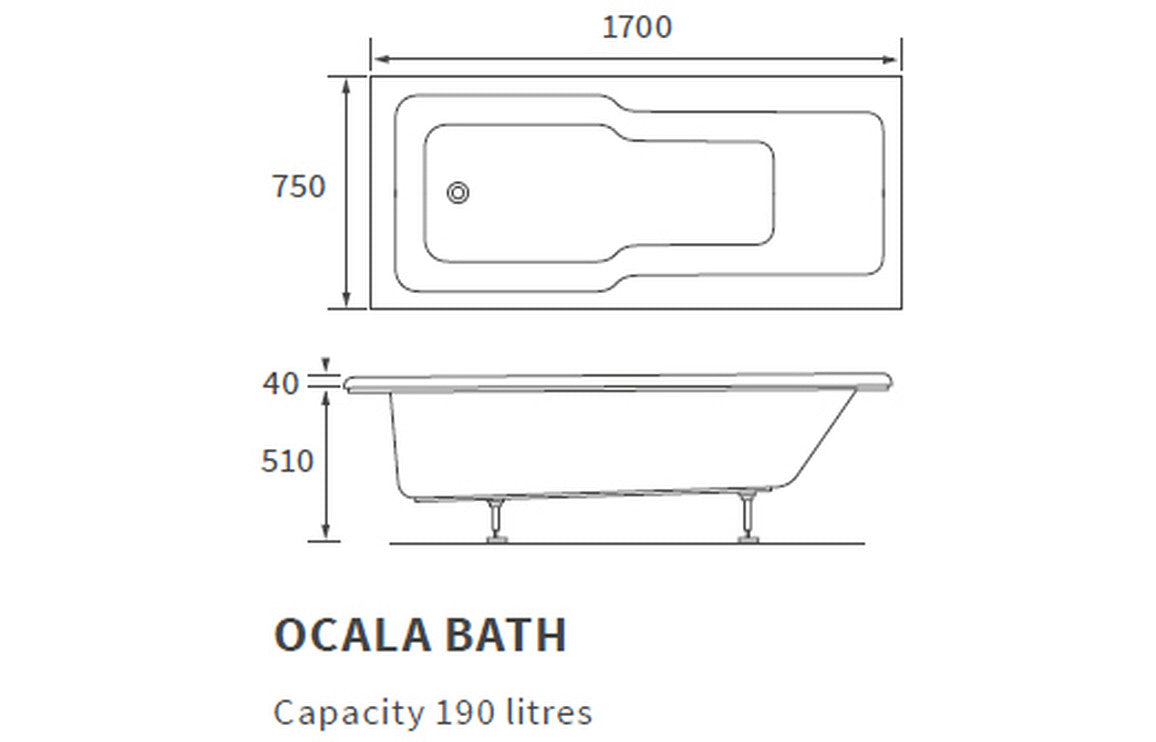 Llanishen Straight 1700x750x550mm 0TH "C" Shower Bath w/Legs