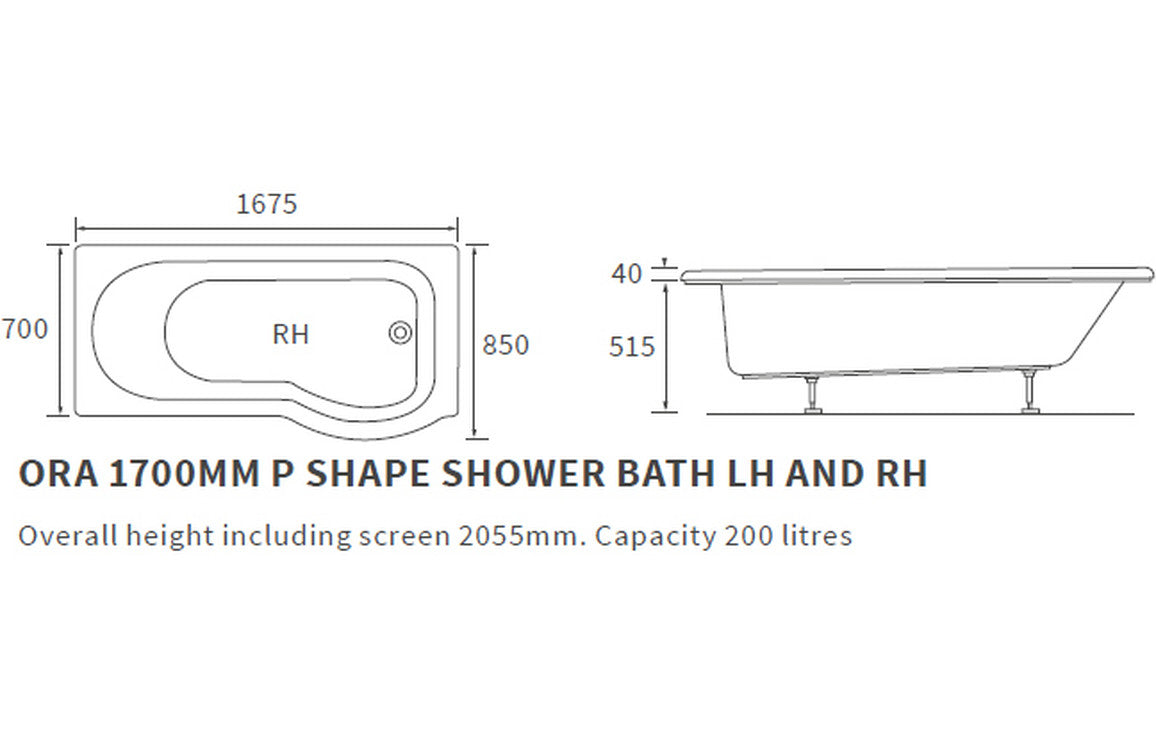 Roath P Shape 1700x850x560mm 0TH Shower Bath Pack