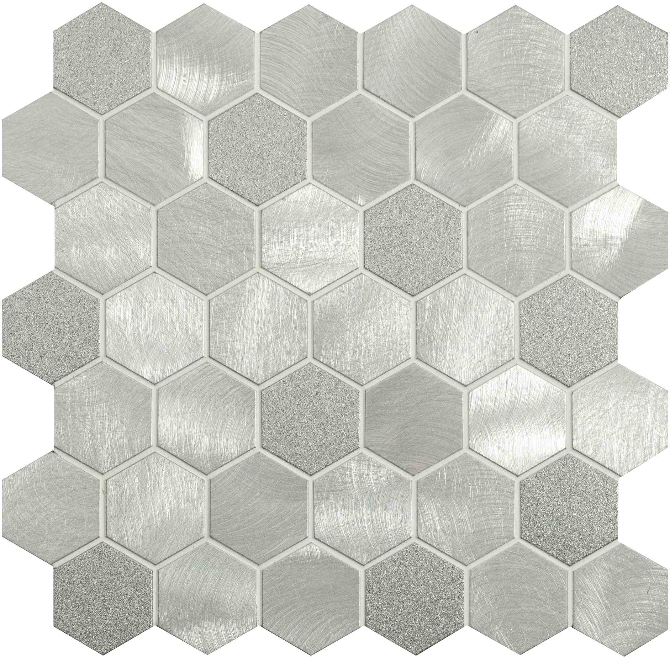 Original Style Mosaics Fenrir Silver Mixed Finish Hexagon Mosaic Tile 30x30cm